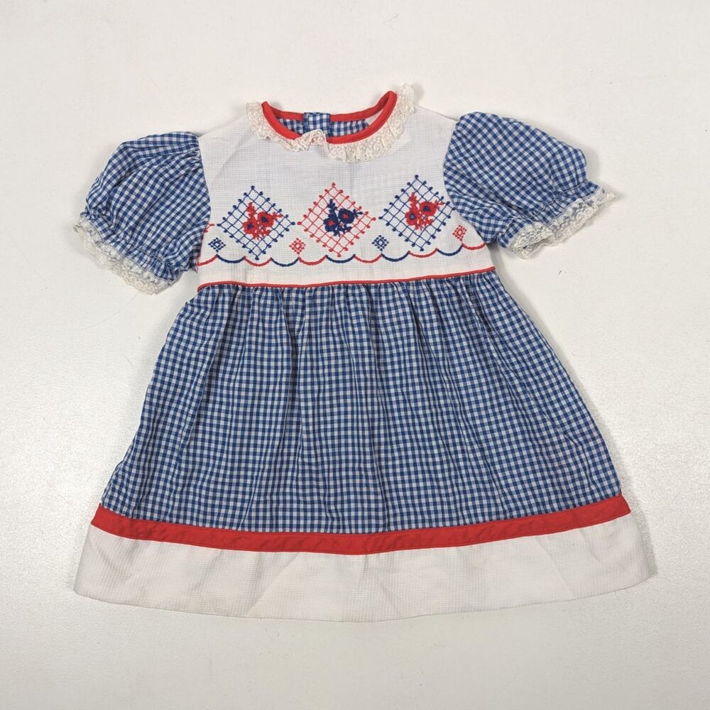 Vintage Dress Girls Size 18-24m Blue Gingham Embroidered School